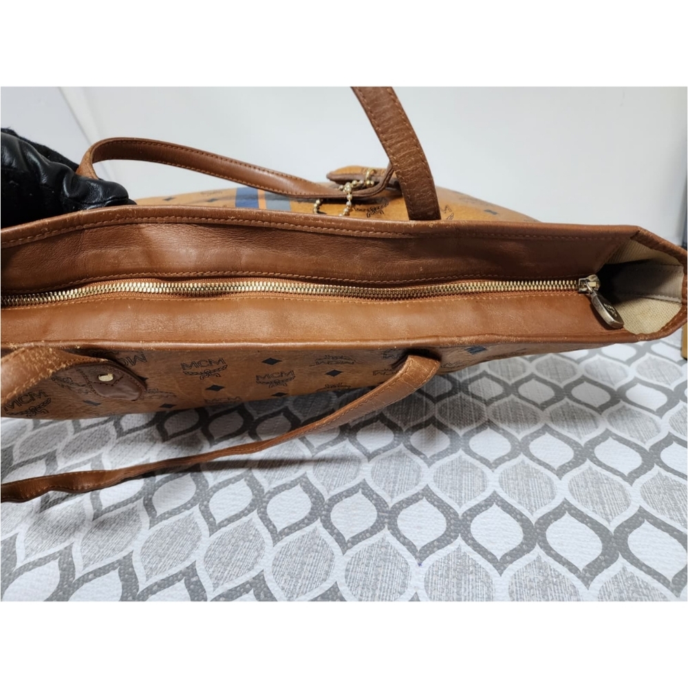 MCM Visetos Striped Shopper Tote Bag Cognac - Picture 11 of 14